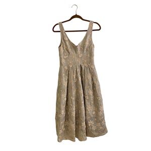 Yoana Baraschi Embroidered Floral V-Neck Midi Dress Taupe Beige Size Small